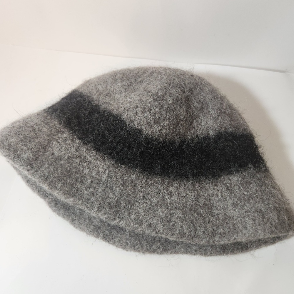 Handmade Felted Wool Bucket Hat Grey Black Striped Boiled Wool Cloche Winter Hat